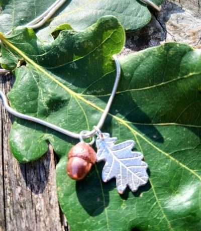 copper acorn silver oak leaf necklace