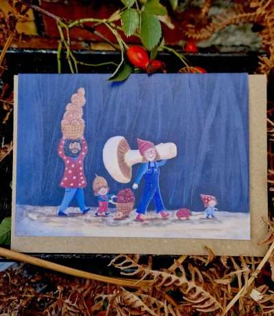 mushroom foraging elf family card